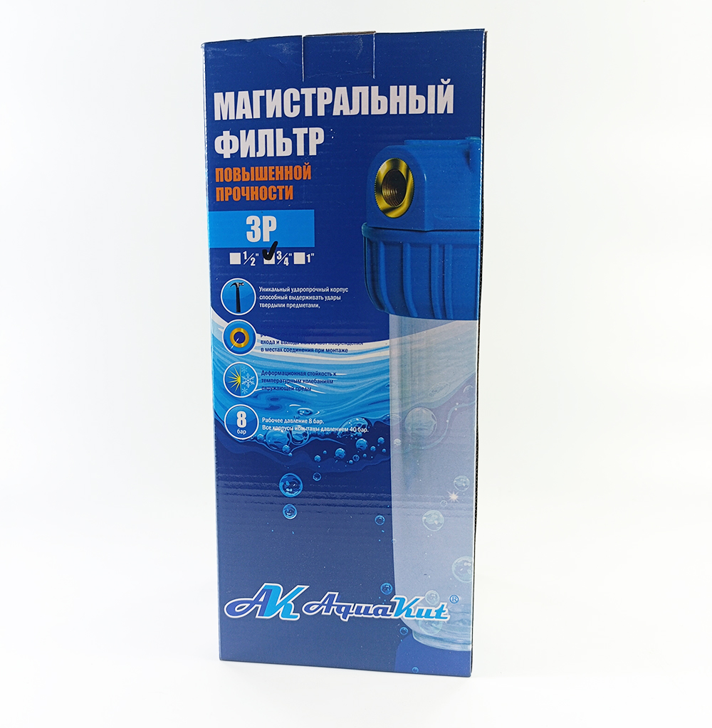Колба AquaKut 3Р 10" 3/4" для холодной воды в комплекте ключ, крепление Колба AquaKut 3Р 10" 3/4" для холодной воды в комплекте ключ, крепление